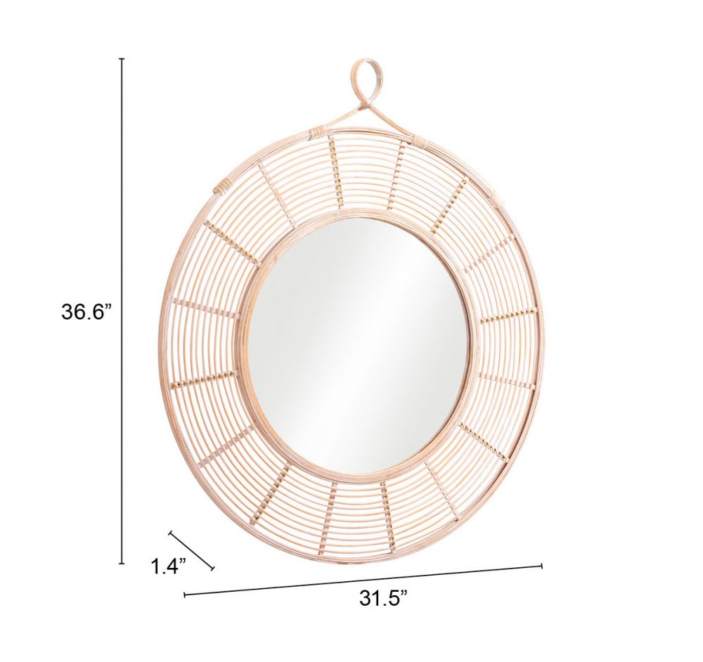 Round mirror with wicker frame and dimensions on a white background