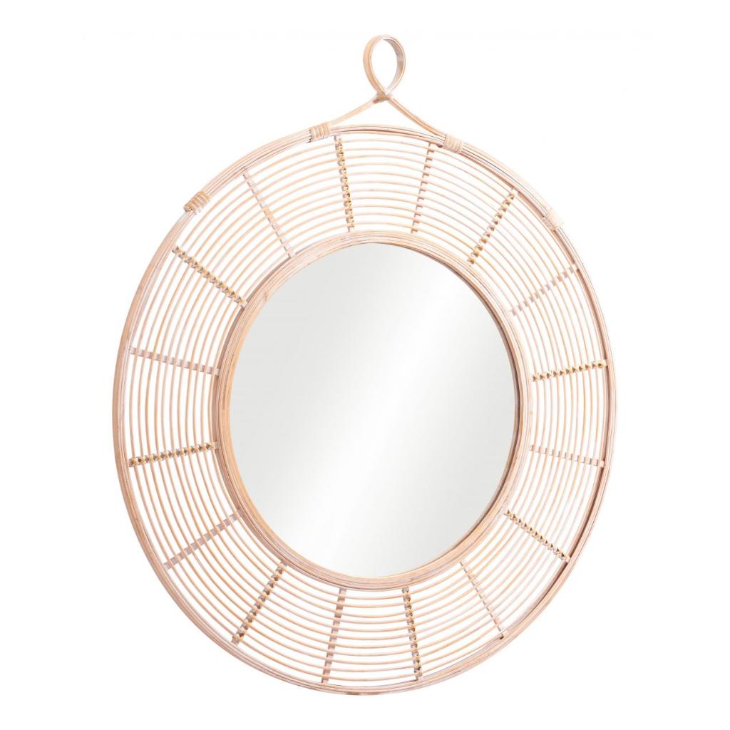 Round mirror with a wicker-like frame on a white background