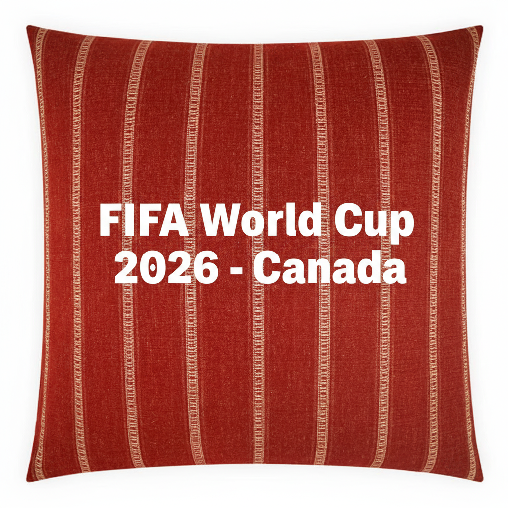 Red pillow with white text 'FIFA World Cup 2026 - Canada' on a white background