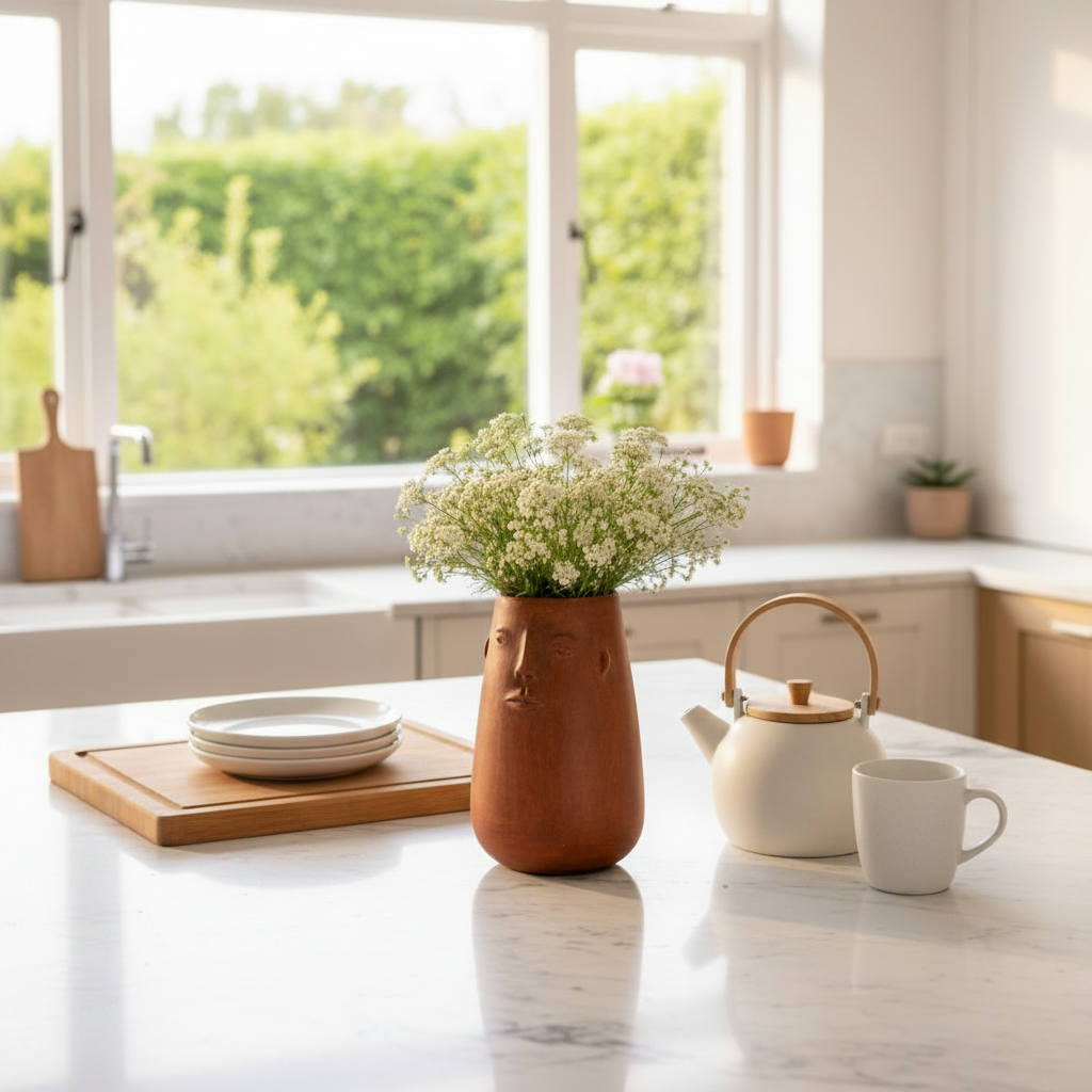 Ceramic face-shaped vase with flowers on a kitchen counter