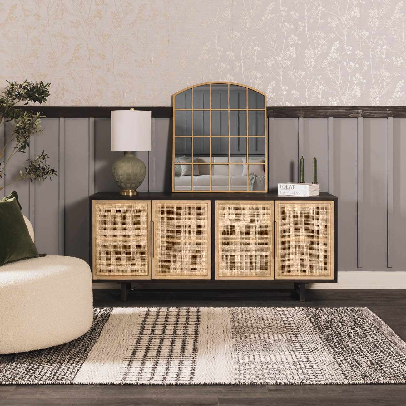 Modern living room with a decorative cabinet, mirror, and green textured table lamp.