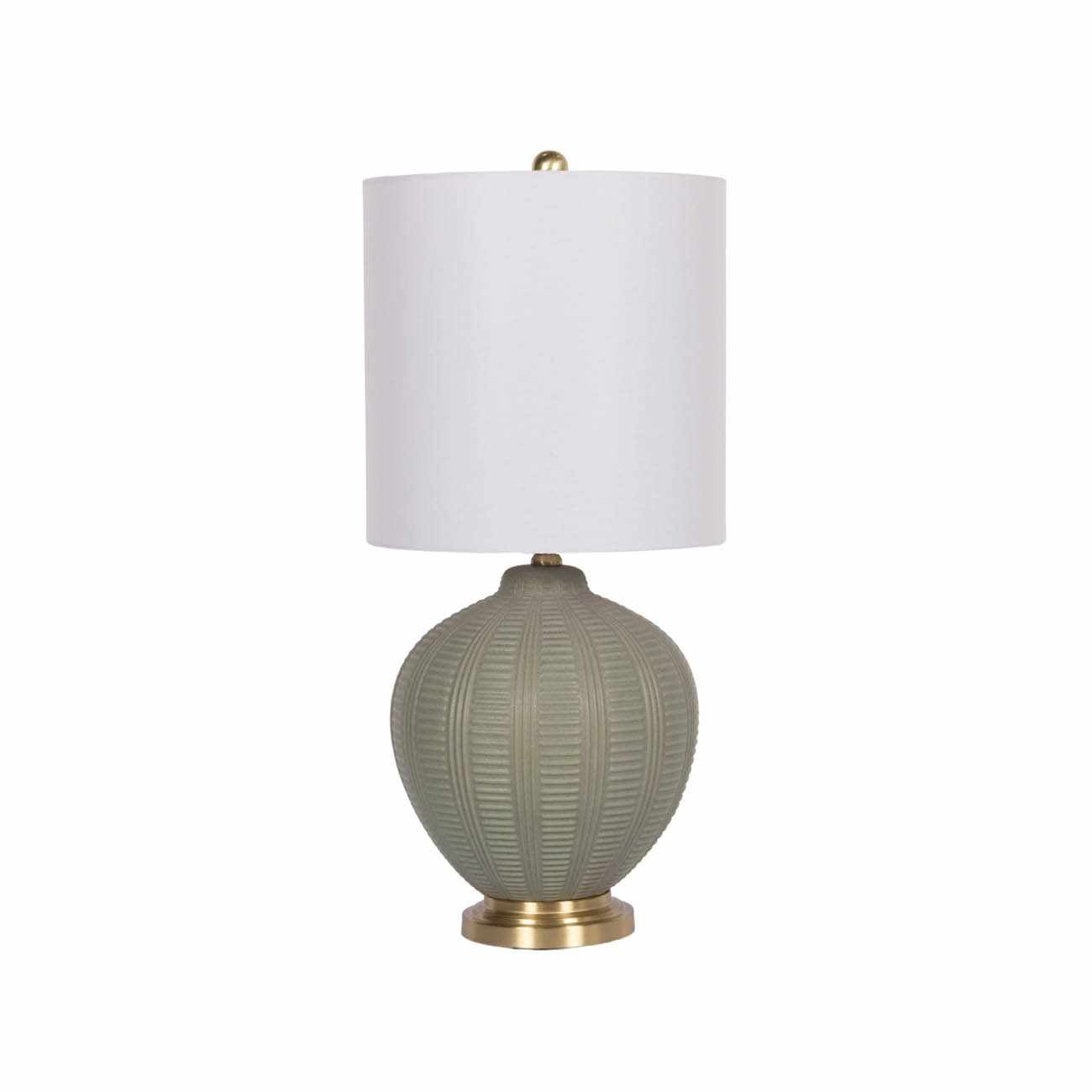 Table lamp with textured green base and white shade on a white background