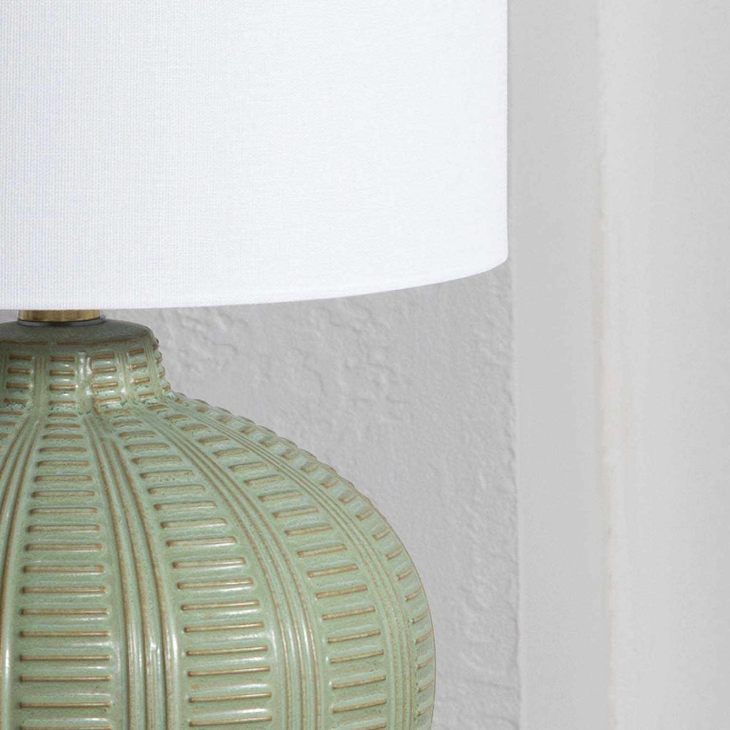 Close-up of a textured green lamp base with a white lampshade against a light gray background
