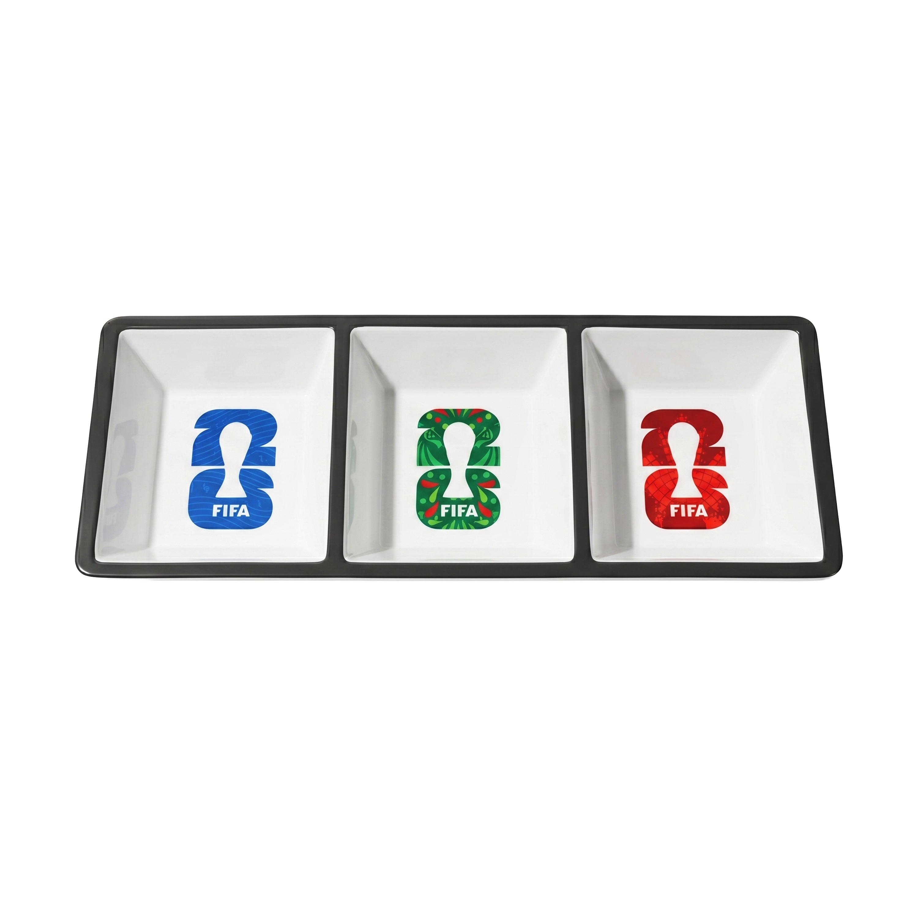 Three-section dish with FIFA 2026 logos on a white background
