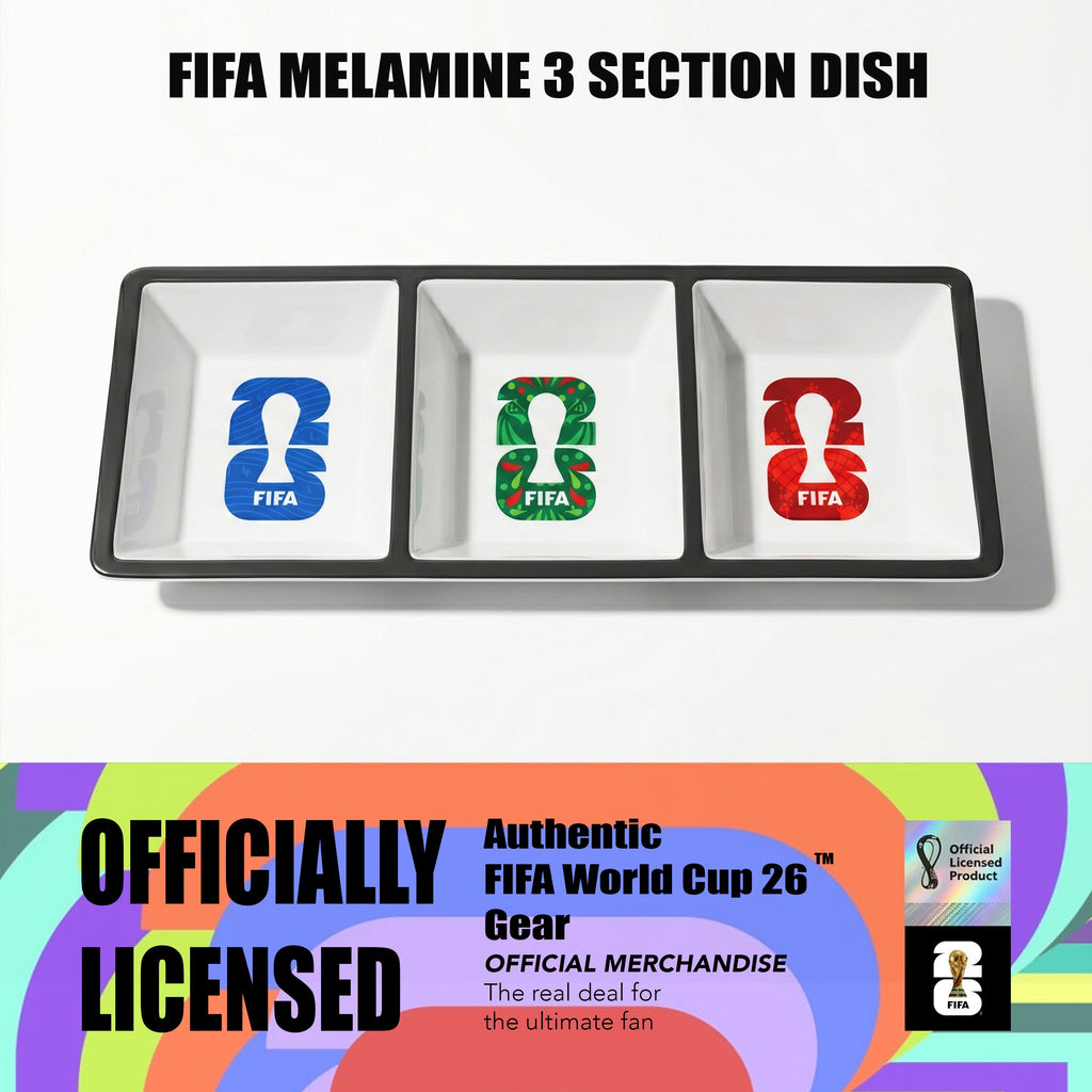 FIFA melamine 3-section dish with colorful designs and 'Officially Licensed' text on a white background.