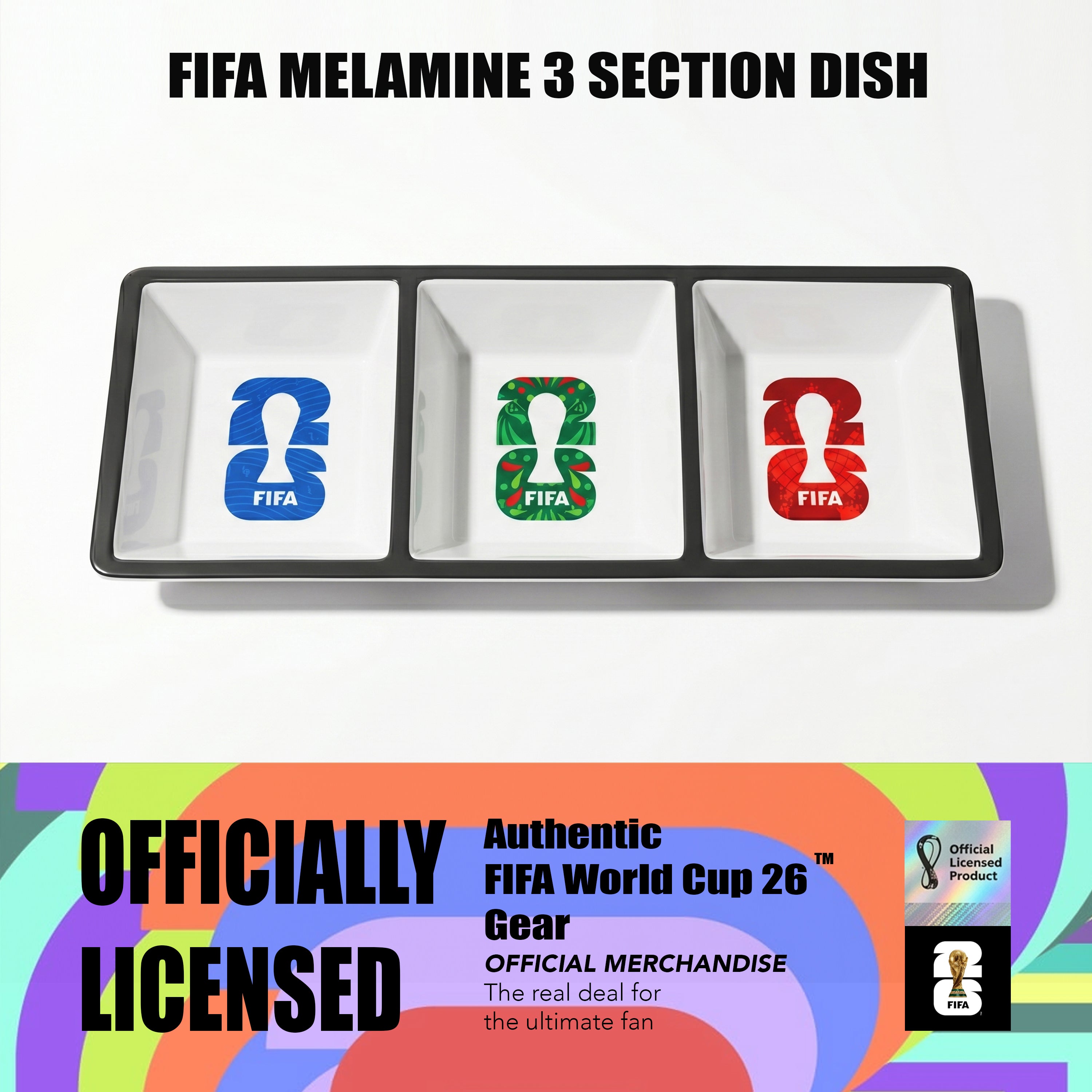 FIFA melamine 3-section dish with colorful designs and 'Officially Licensed' text on a white background.