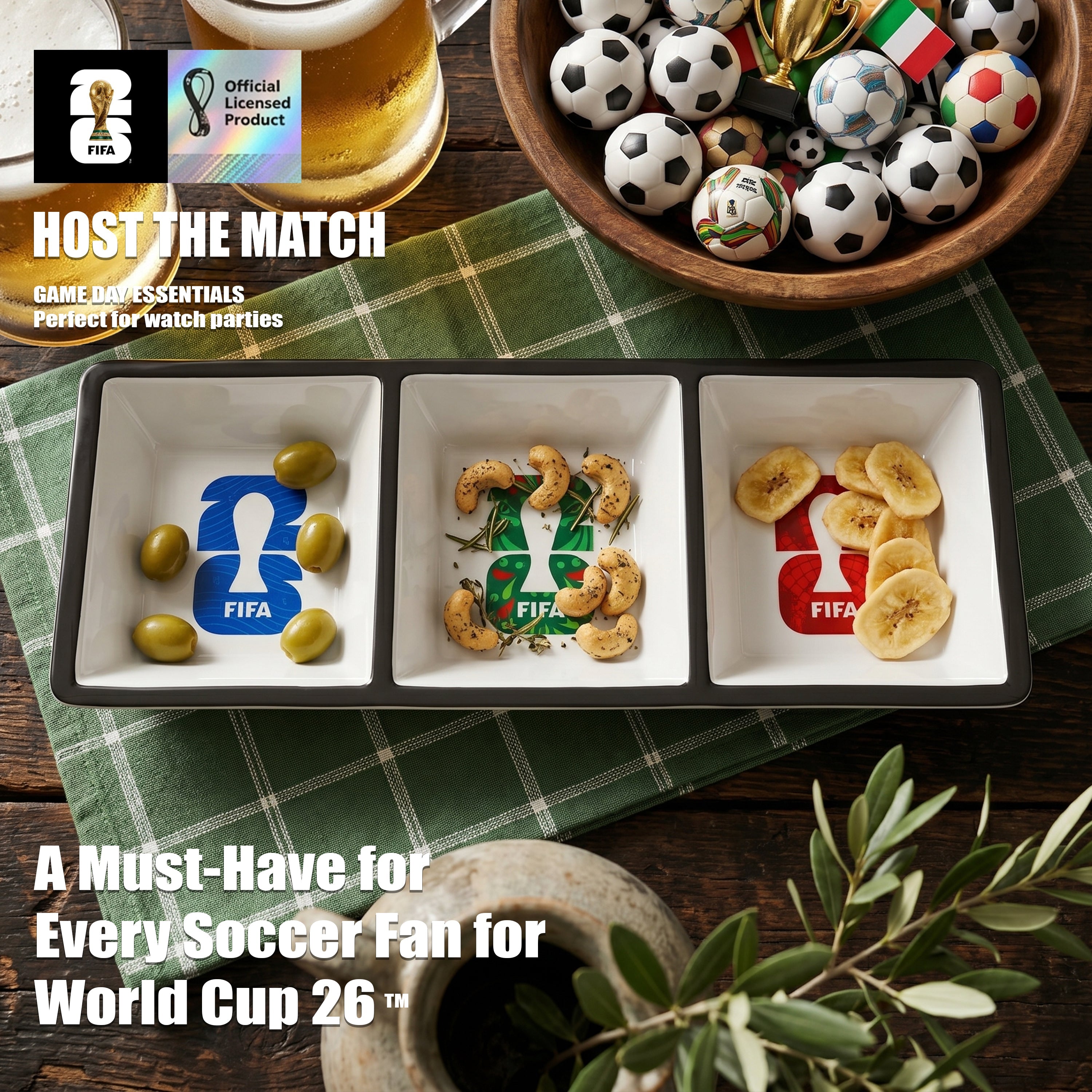 FIFA-themed snack bowls with food and a glass of beer on a checkered tablecloth.