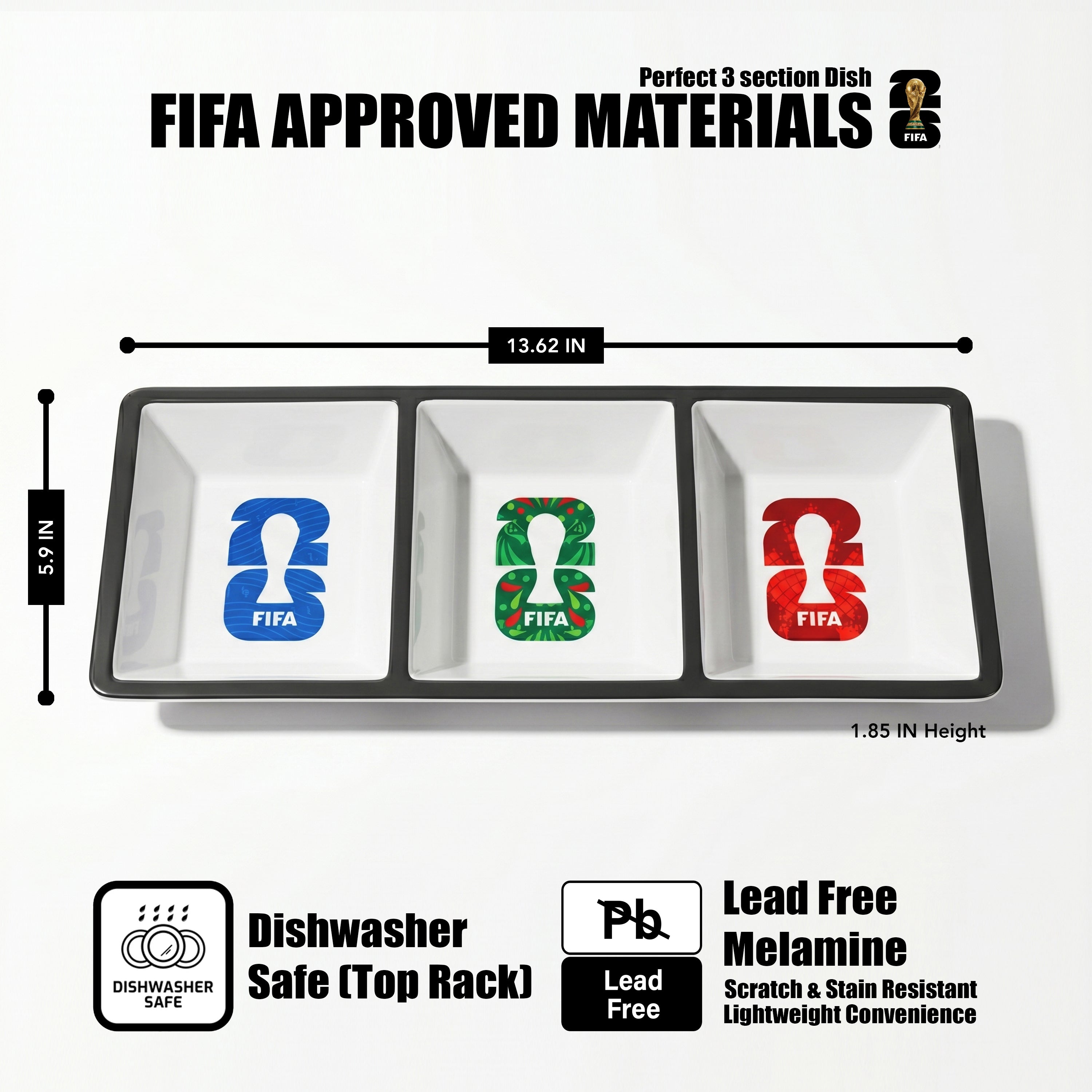 Three-section dish with FIFA logos and measurements on a white background