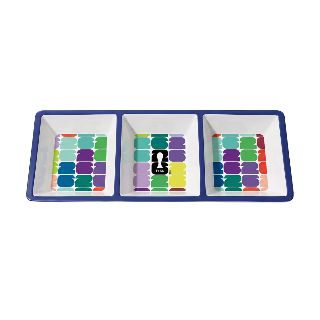 Three-section serving dish with colorful pattern on a white background