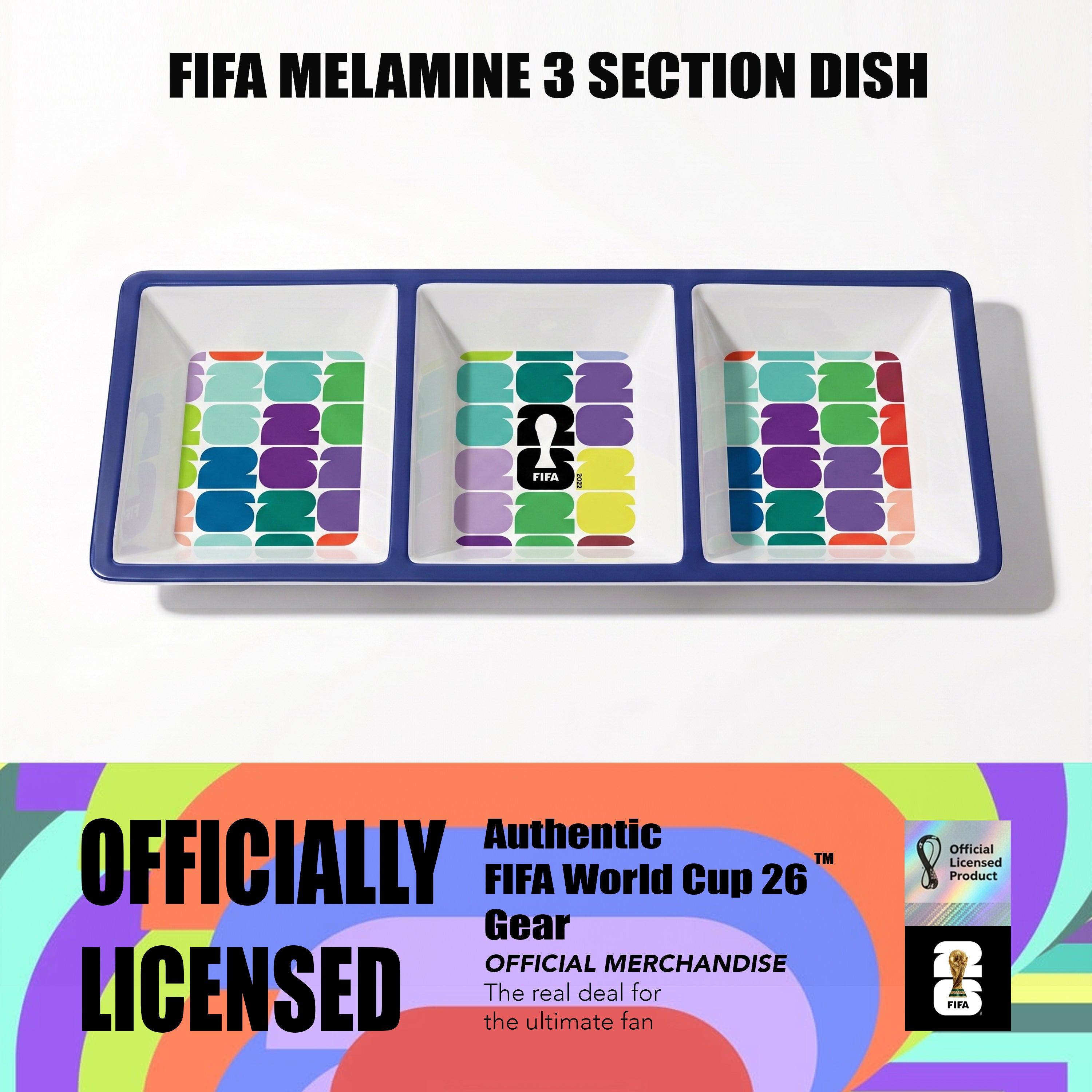 FIFA melamine 3-section dish with colorful design on a white background