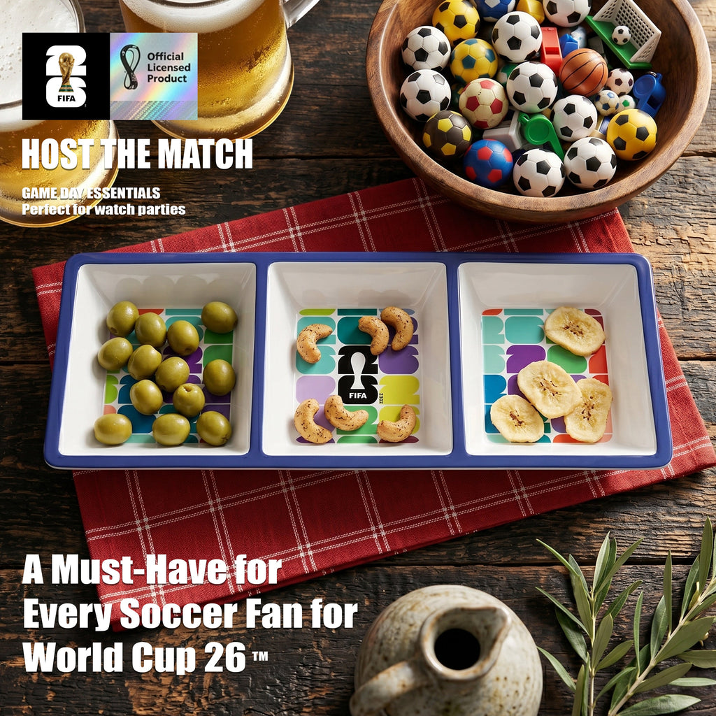 Dessert platter with snacks on a wooden table, featuring FIFA World Cup 26 branding.