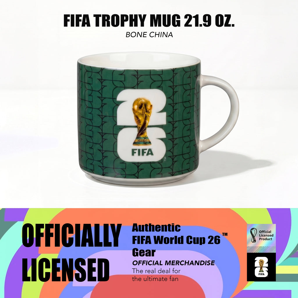 FIFA Trophy mug with green pattern and FIFA logo on a white background