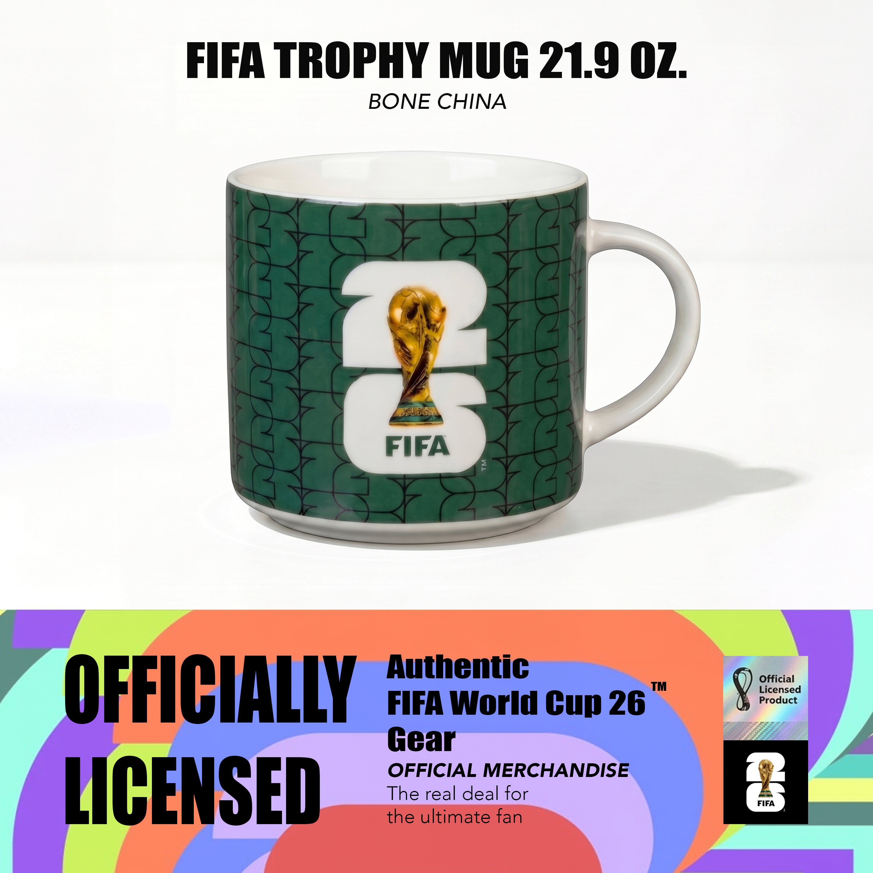 FIFA Trophy mug with green pattern and FIFA logo on a white background