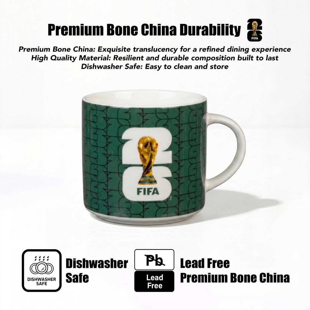 Mug with FIFA World Cup trophy design on a green and white background