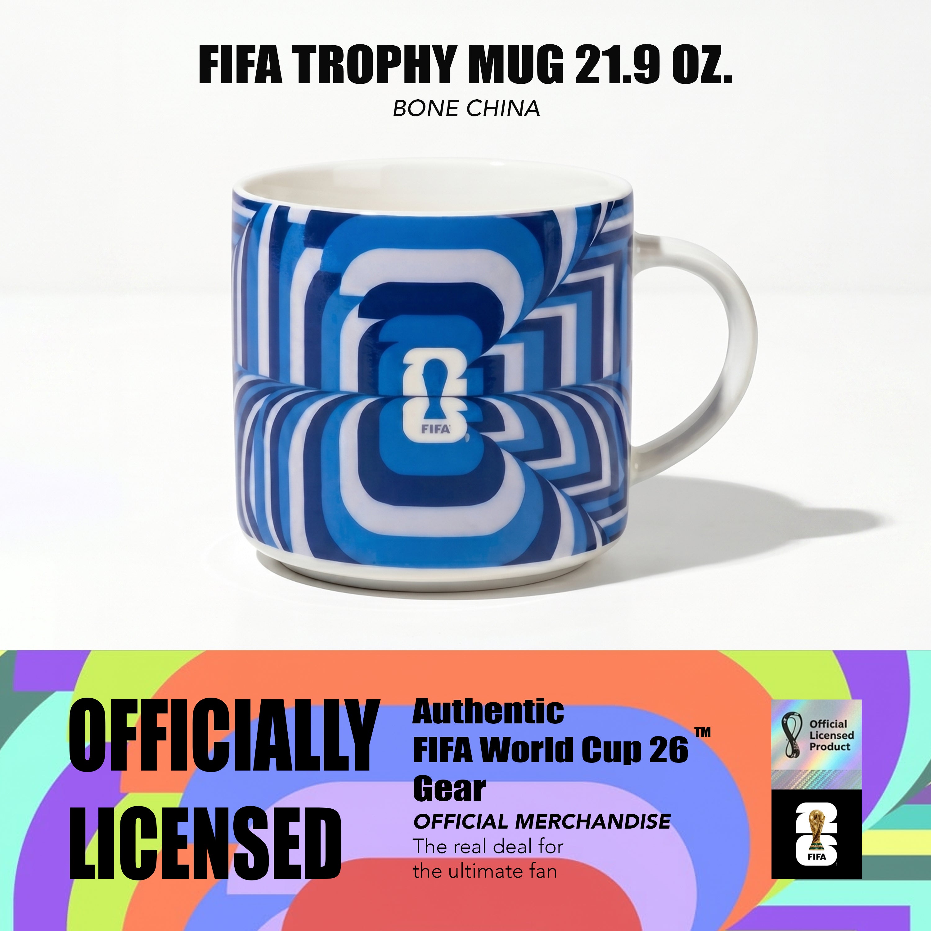 Colorful mug with geometric pattern and FIFA logo on a white background