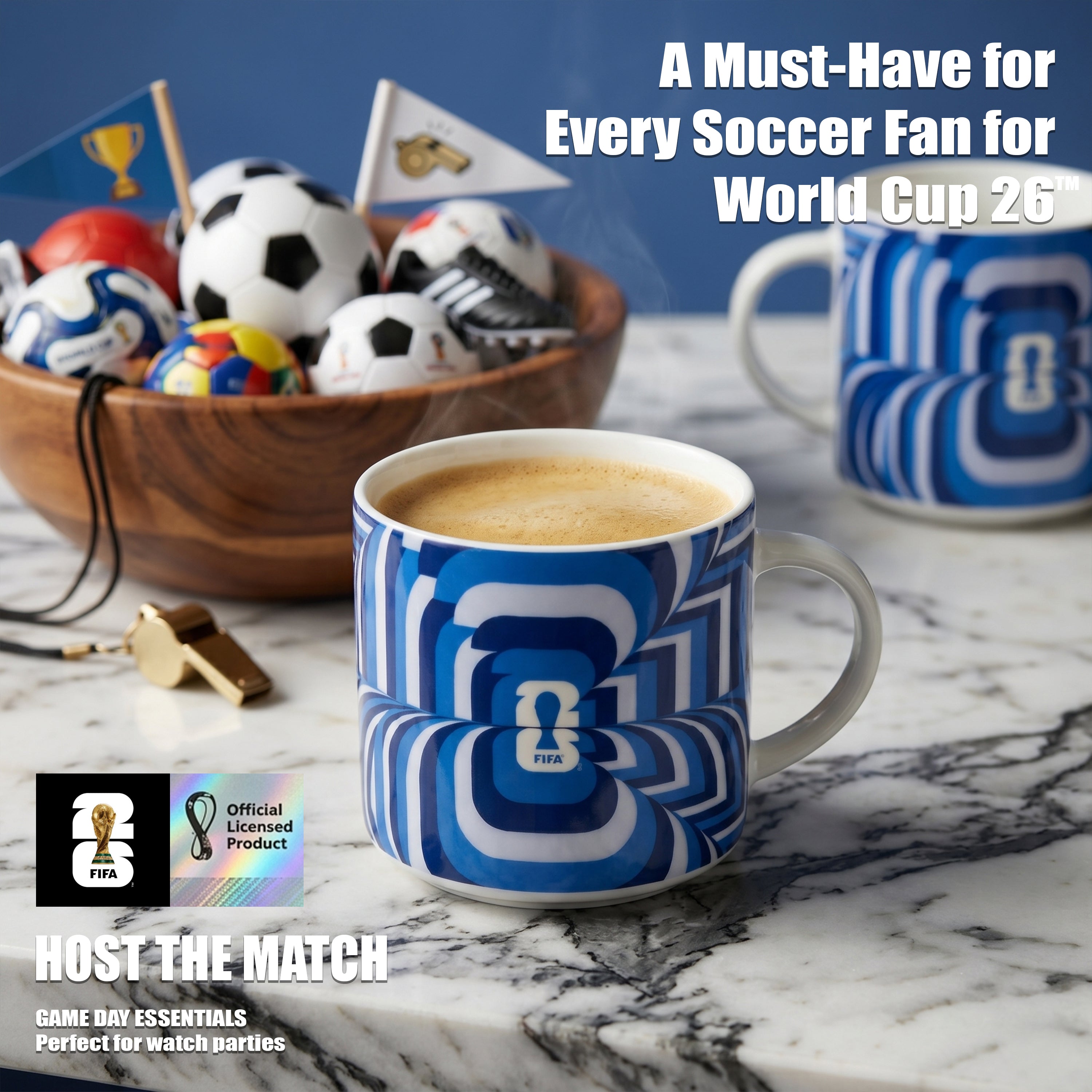 Blue and white soccer-themed mug with World Cup 2026 branding on a marble surface with soccer balls and flags.