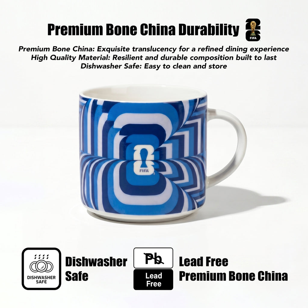 Blue and white patterned mug with branding on a white background