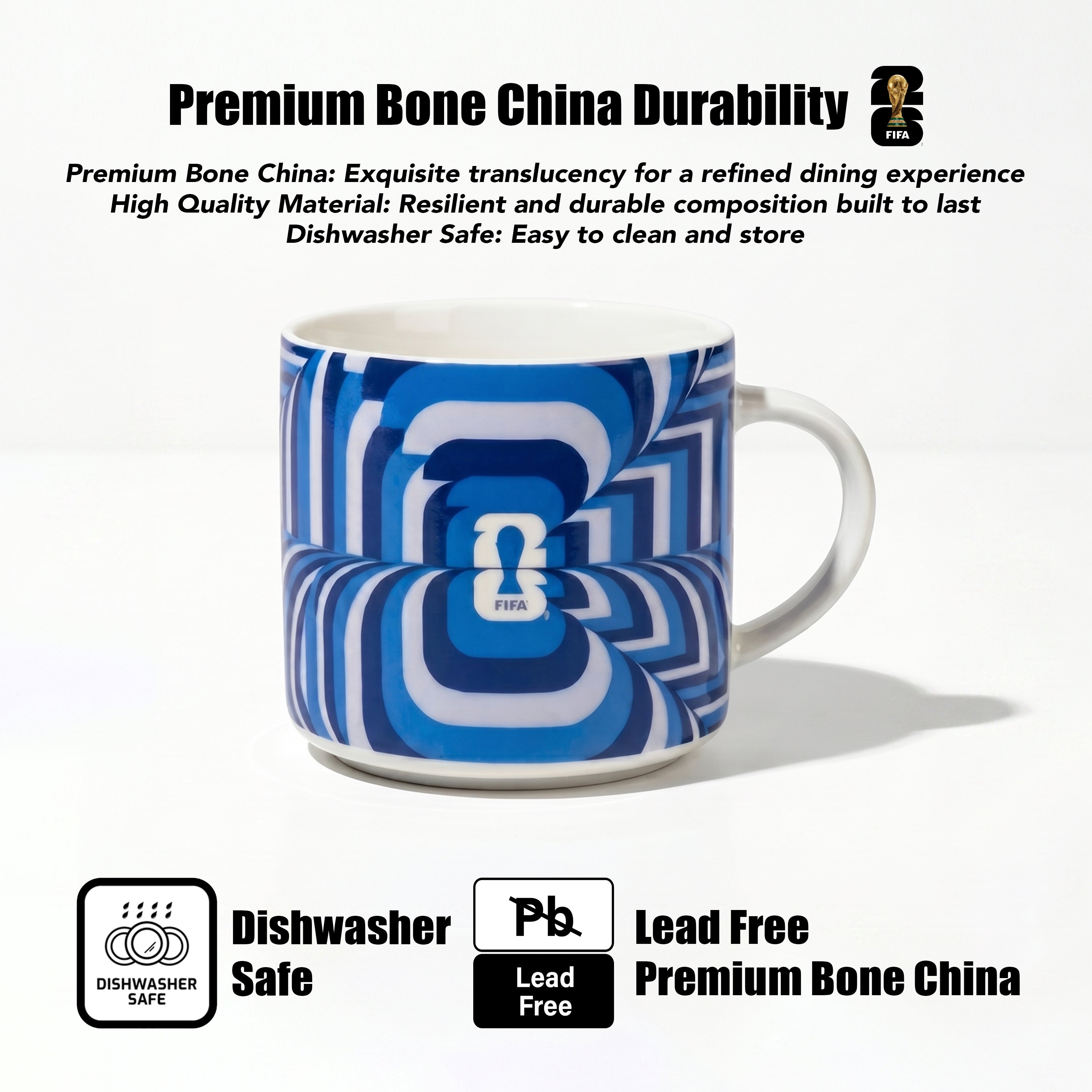 Blue and white patterned mug with branding on a white background
