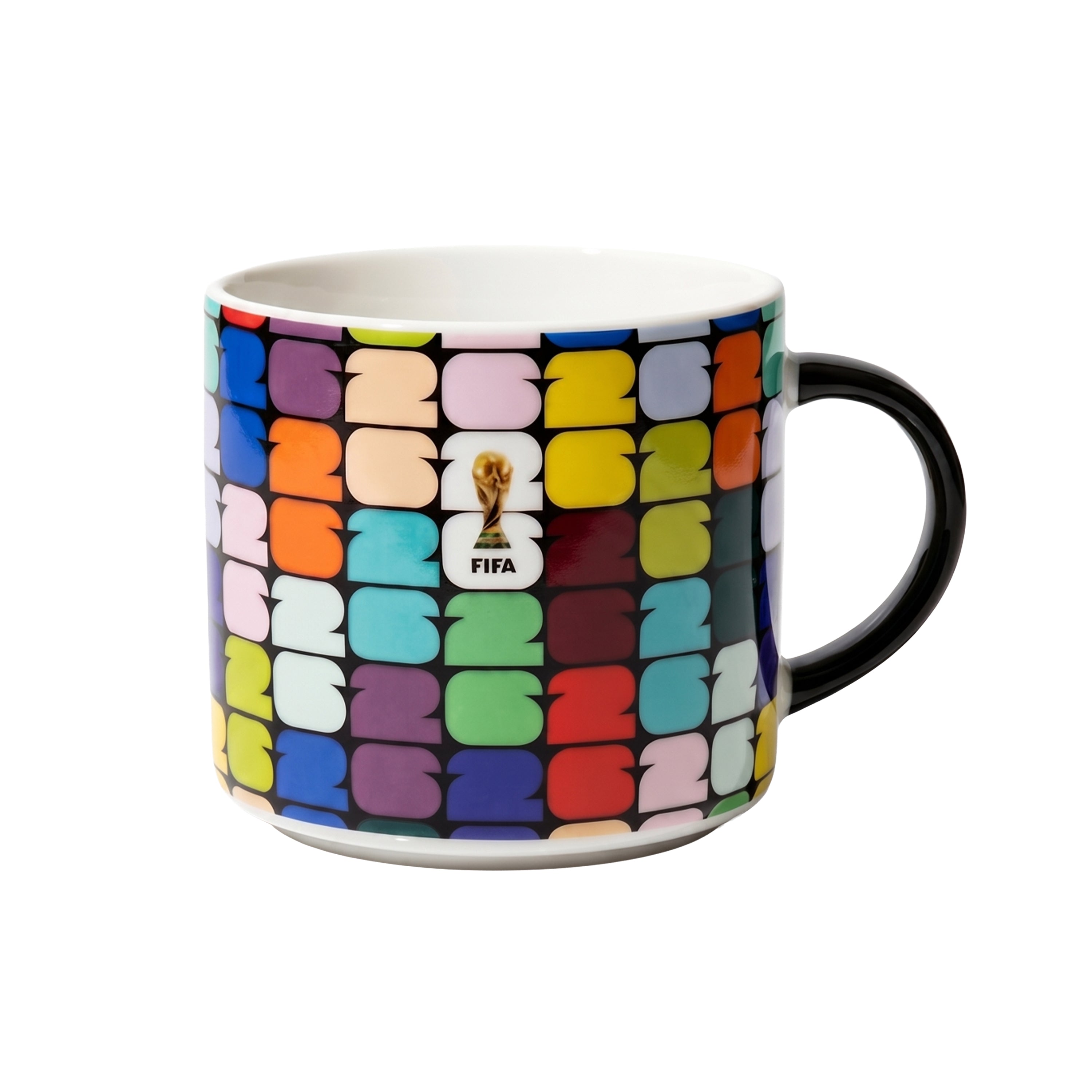 Colorful mug with FIFA logo on a white background