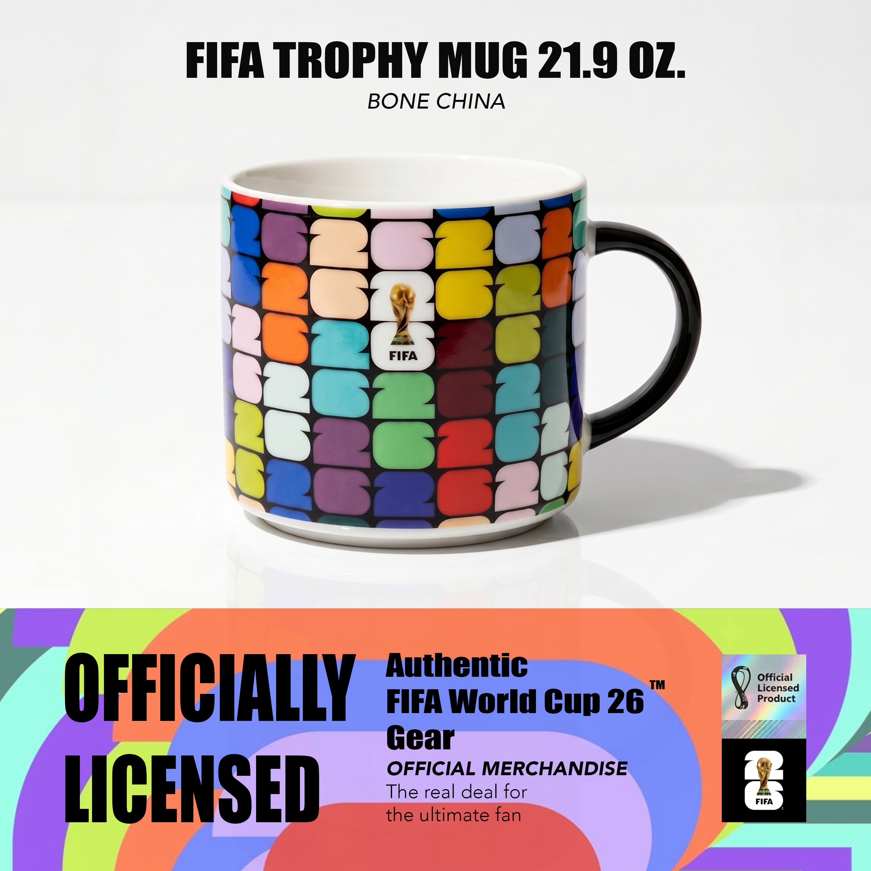 Colorful mug with FIFA World Cup design on a white background