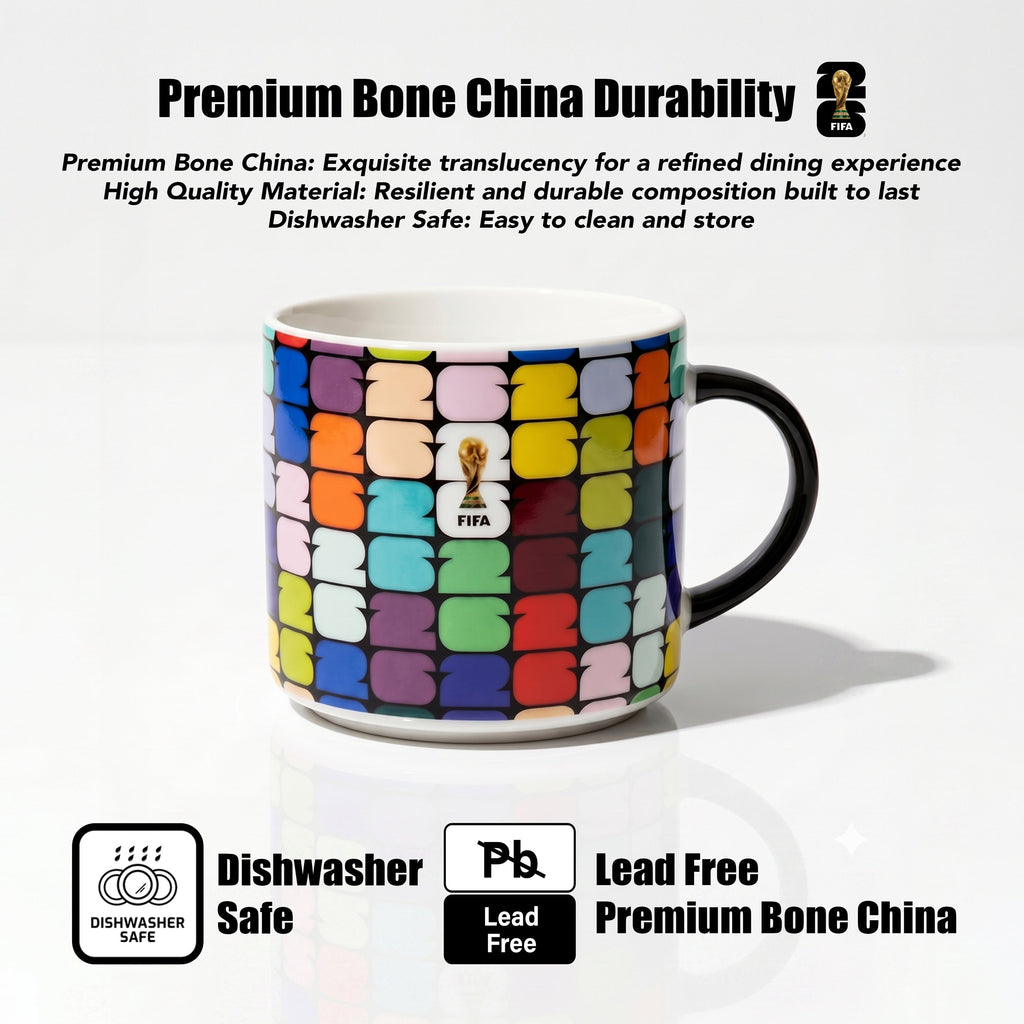 Colorful mug with a pattern on a white background, featuring text about premium bone china durability.