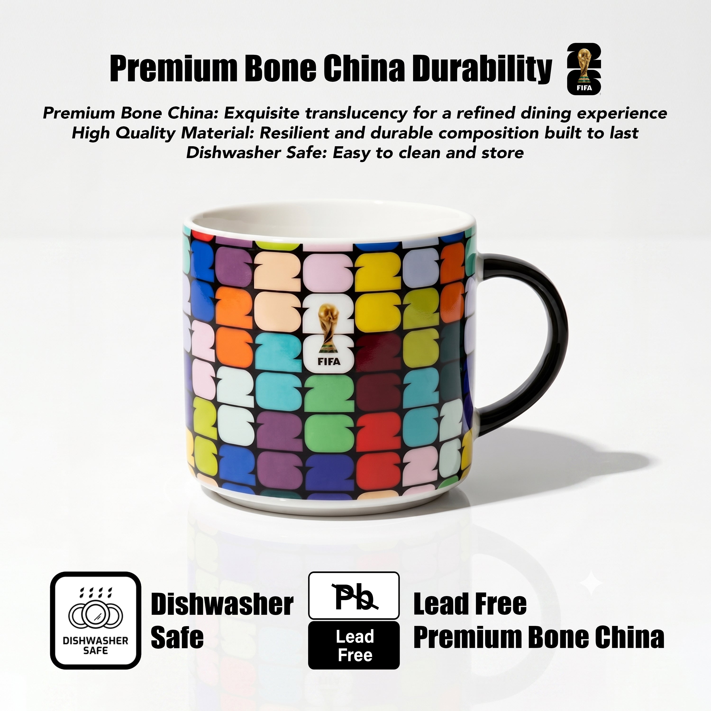 Colorful mug with a pattern on a white background, featuring text about premium bone china durability.