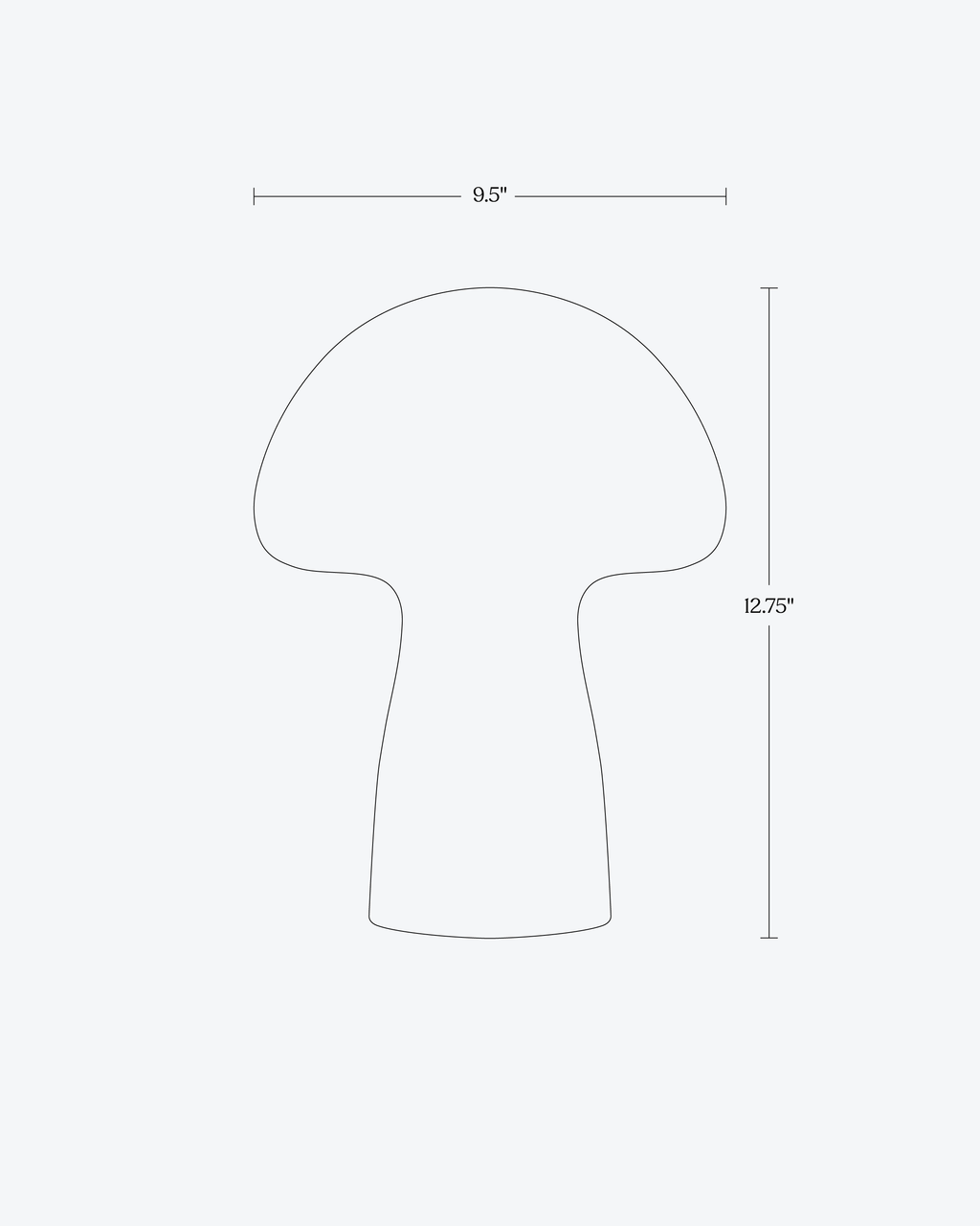 Outline of a mushroom shape lamp with dimensions on a white background