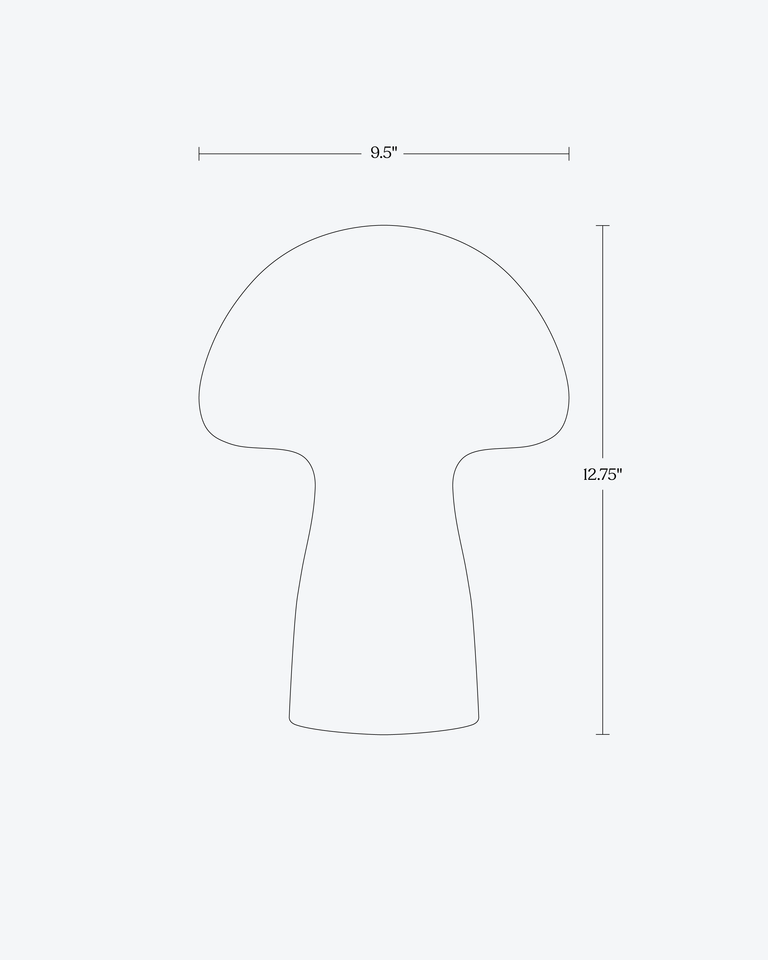 Outline of a mushroom shape lamp with dimensions on a white background