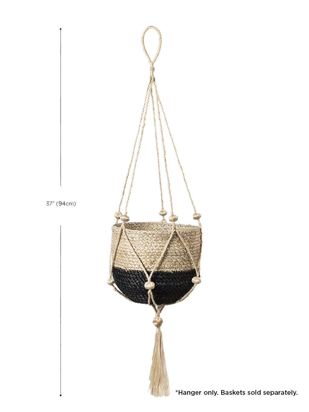 Woven plant hanger with tassel on a white background