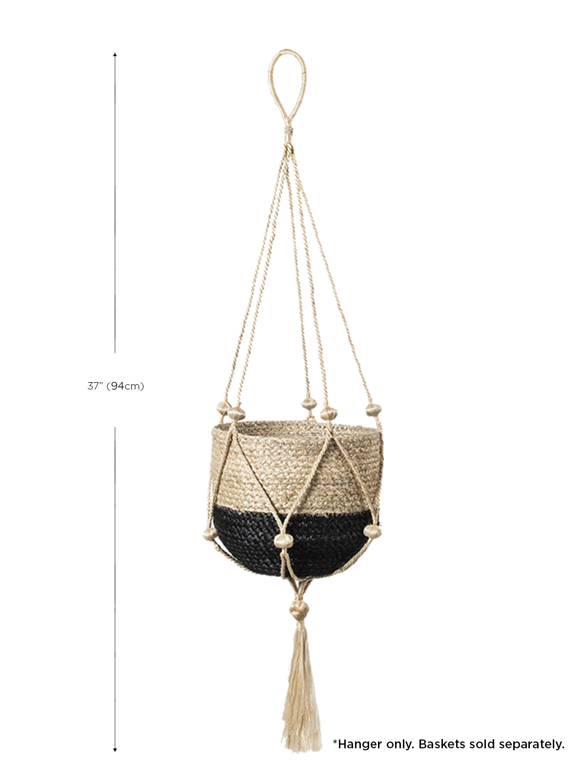 Woven plant hanger with tassel on a white background