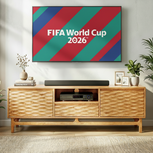 Wooden entertainment console with a TV displaying 'FIFA World Cup 2026' in a living room setting.