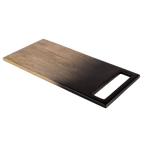 Wooden cutting board with a black handle on a white background