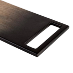 Dark brown wooden cutting board with a black handle on a white background