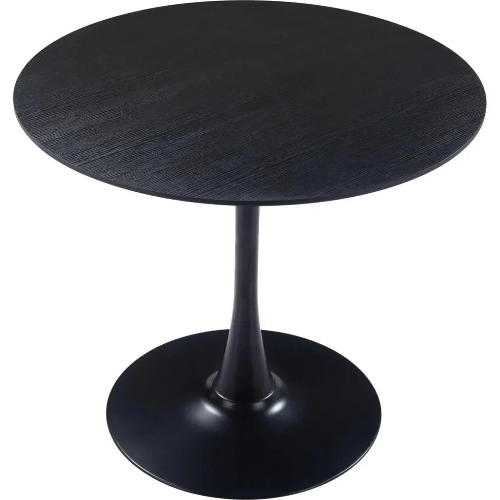 Black round table with a pedestal base on a white background