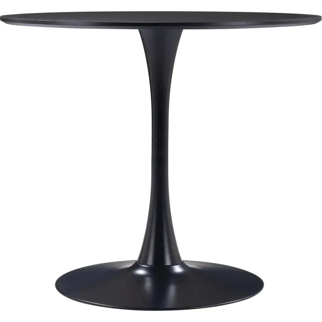 Black round table with a pedestal base on a white background