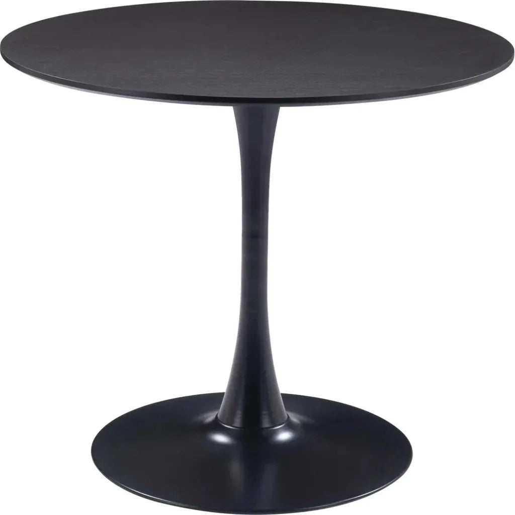 Black round table with a pedestal base on a white background