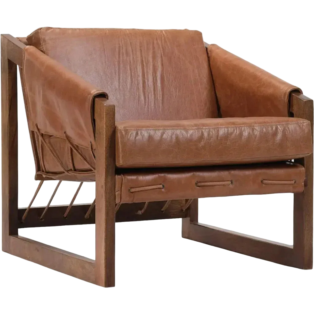 Brown leather armchair with wooden frame on a white background