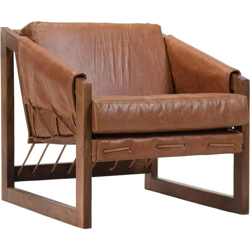 Brown leather armchair with wooden frame on a white background