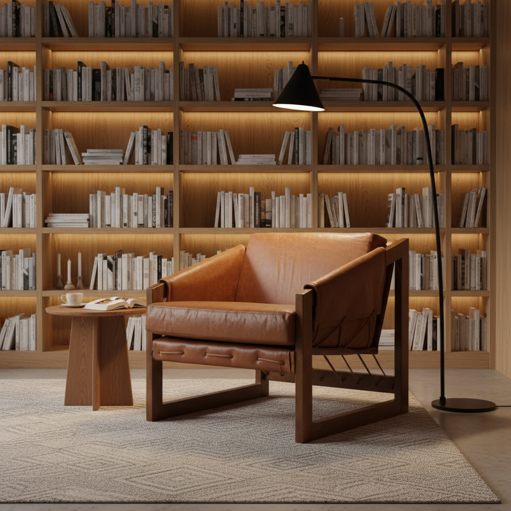 Brown leather chair in a room with bookshelves and a floor lamp.