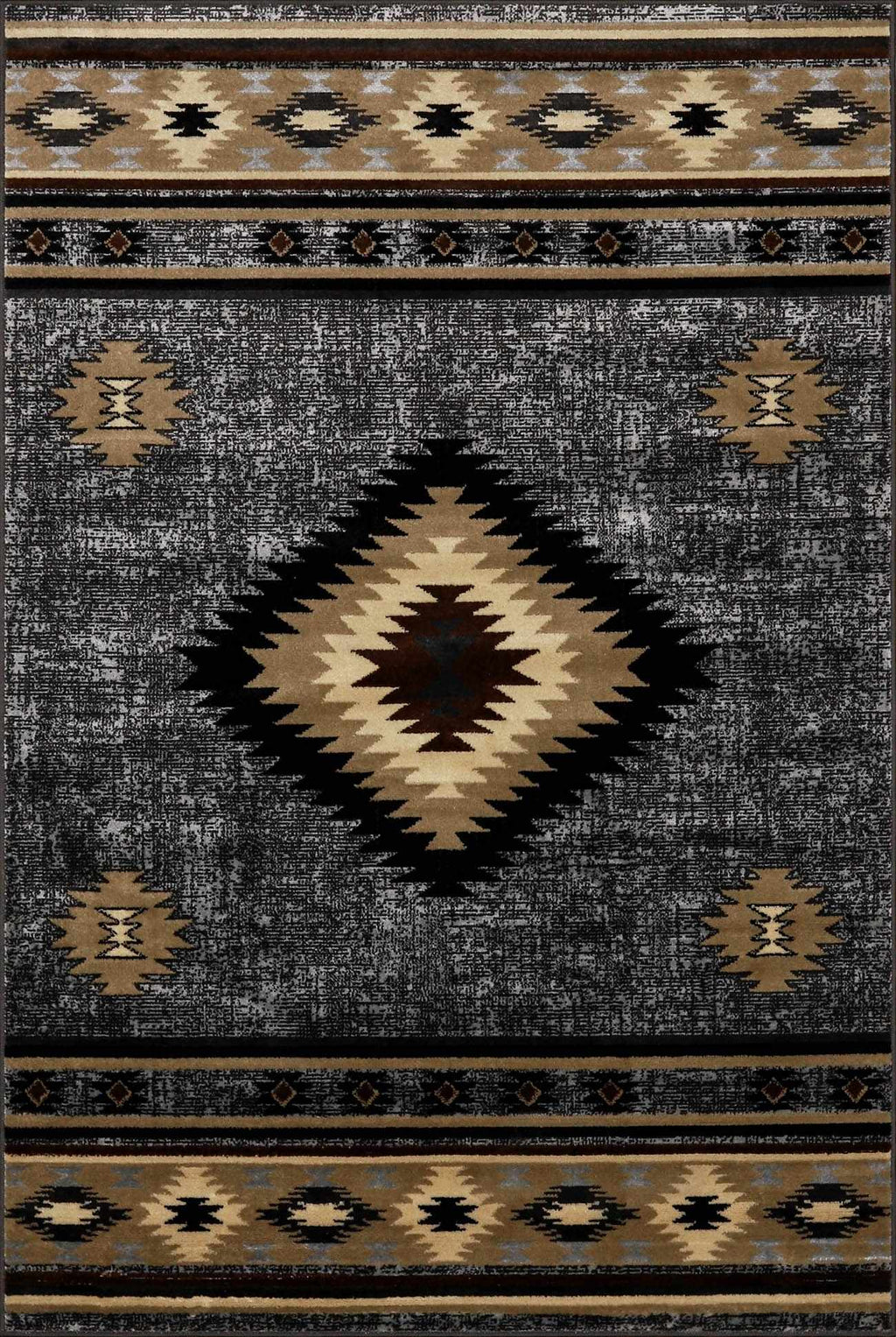 Rug with geometric pattern featuring diamonds and stripes on a dark background