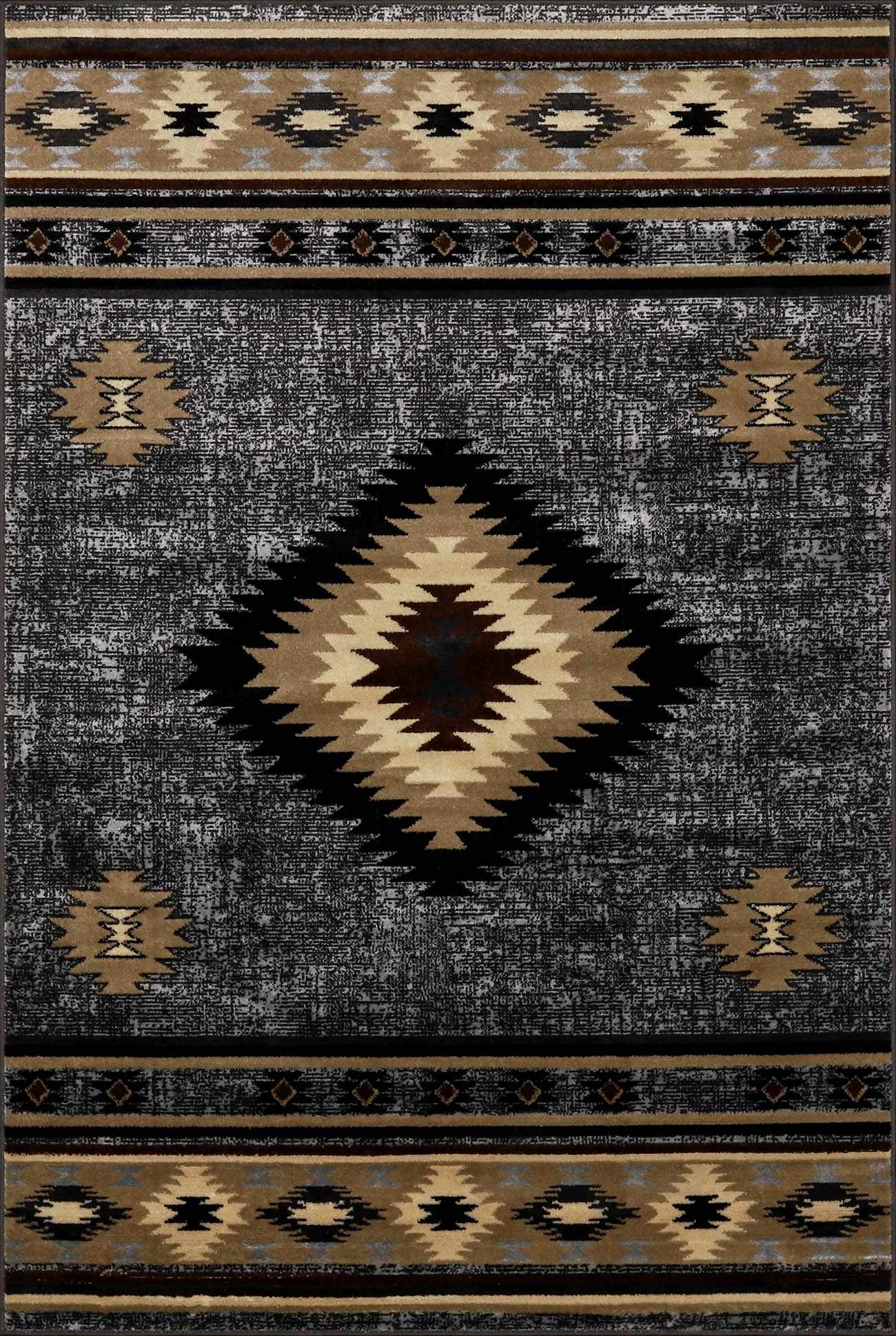 Rug with geometric pattern featuring diamonds and stripes on a dark background