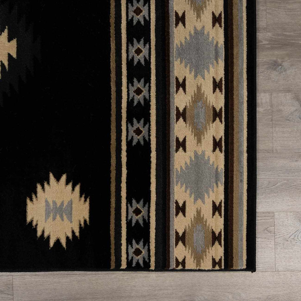 Patterned rug with geometric design on a wooden floor