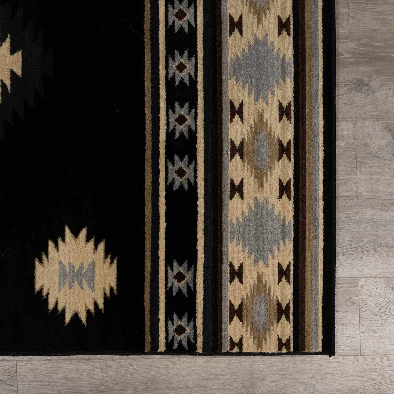 Patterned rug with geometric design on a wooden floor