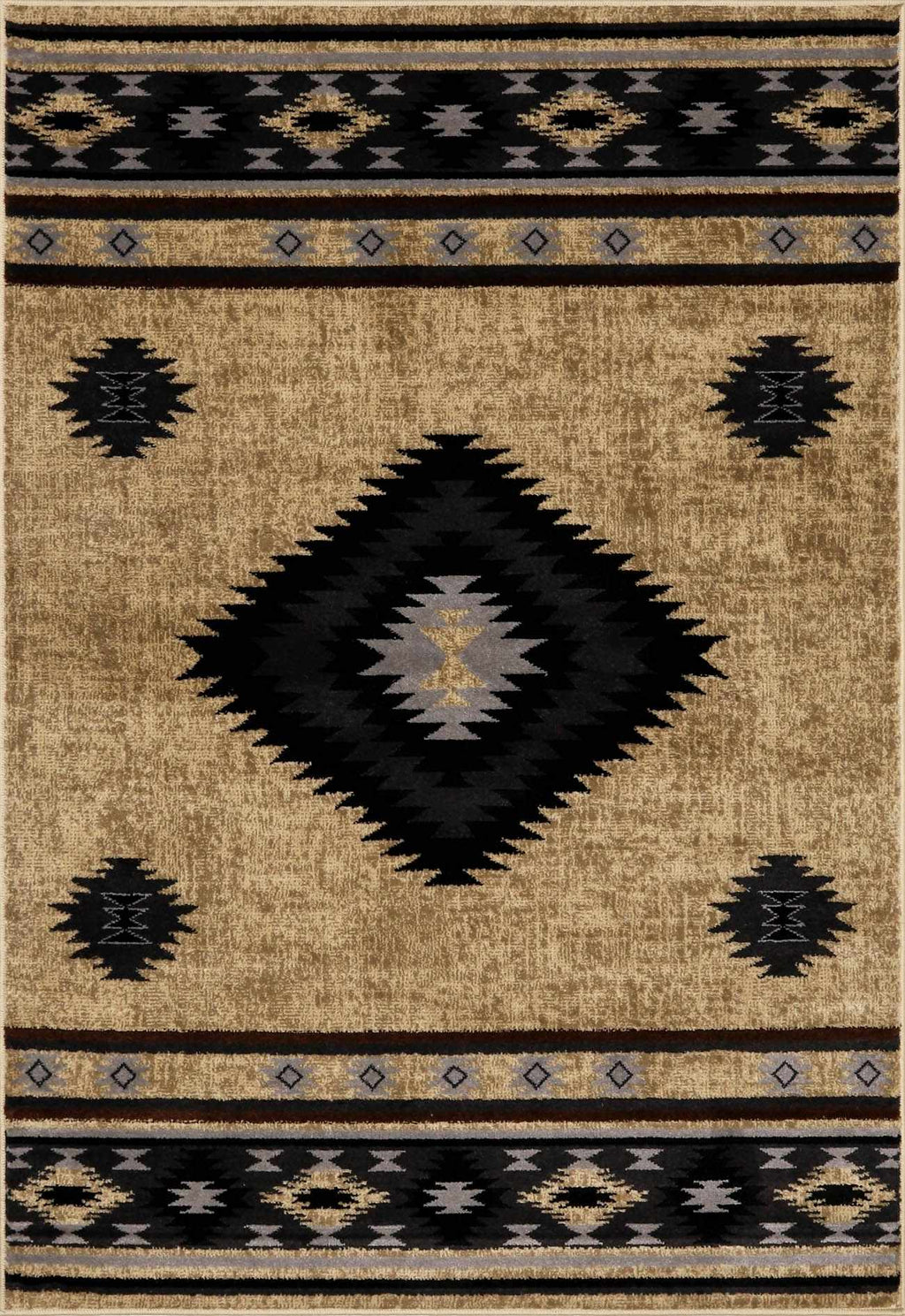 Rug with geometric pattern featuring diamonds and triangles on a beige background