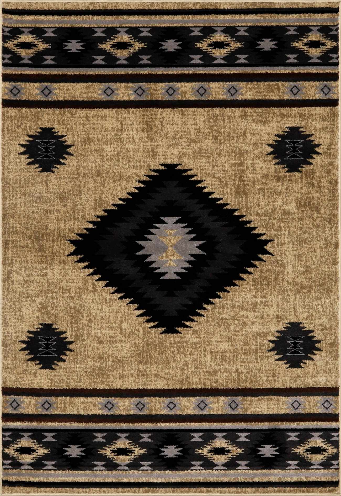 Rug with geometric pattern featuring diamonds and triangles on a beige background