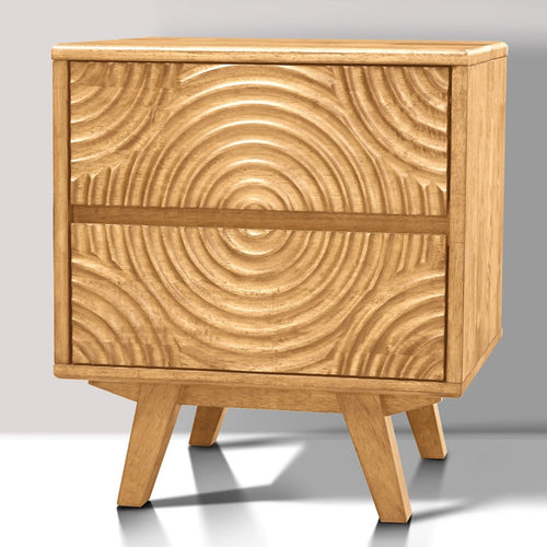 Wooden nightstand with a patterned design on a gray background