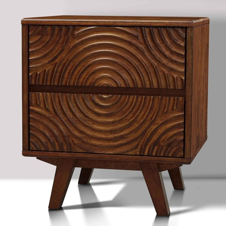 Dark wooden nightstand with a textured design on a gray background