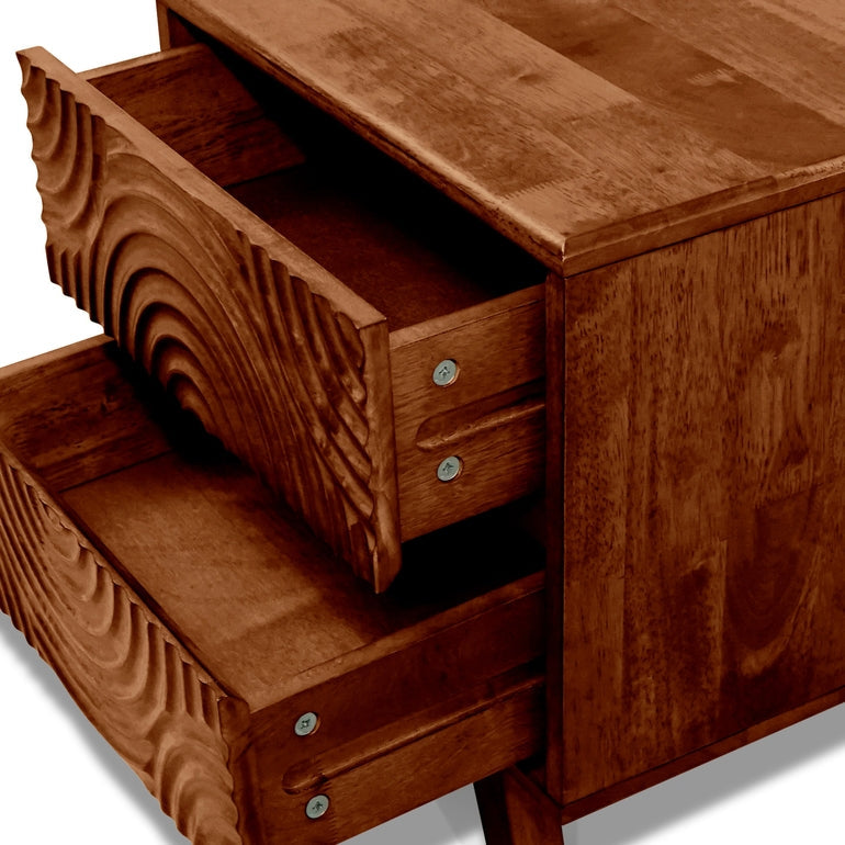 Wooden desk with open drawers on a white background