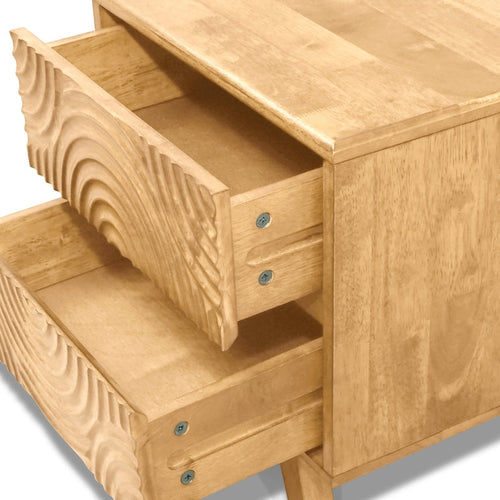 Wooden dresser with open drawers on a light gray background