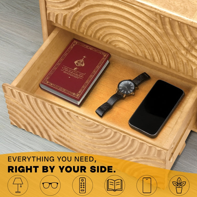Wooden drawer with a book, watch, and phone on a gray surface, with promotional text and icons at the bottom.